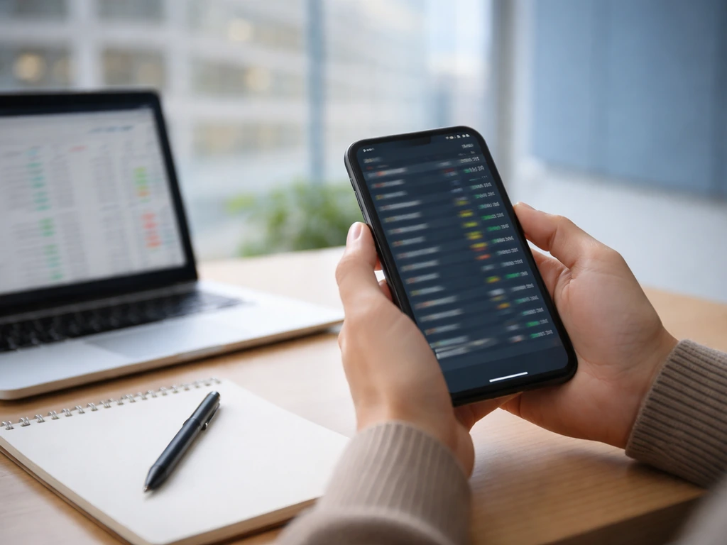 Hand holding a smartphone showing a stock market listing page at a desk near a window