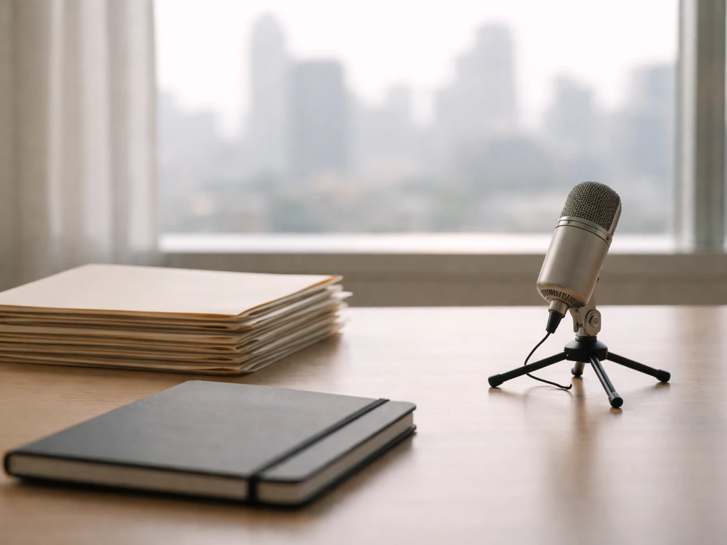 Quiet office desk with a microphone and paperwork, symbolizing verifying identities in public-profile research.