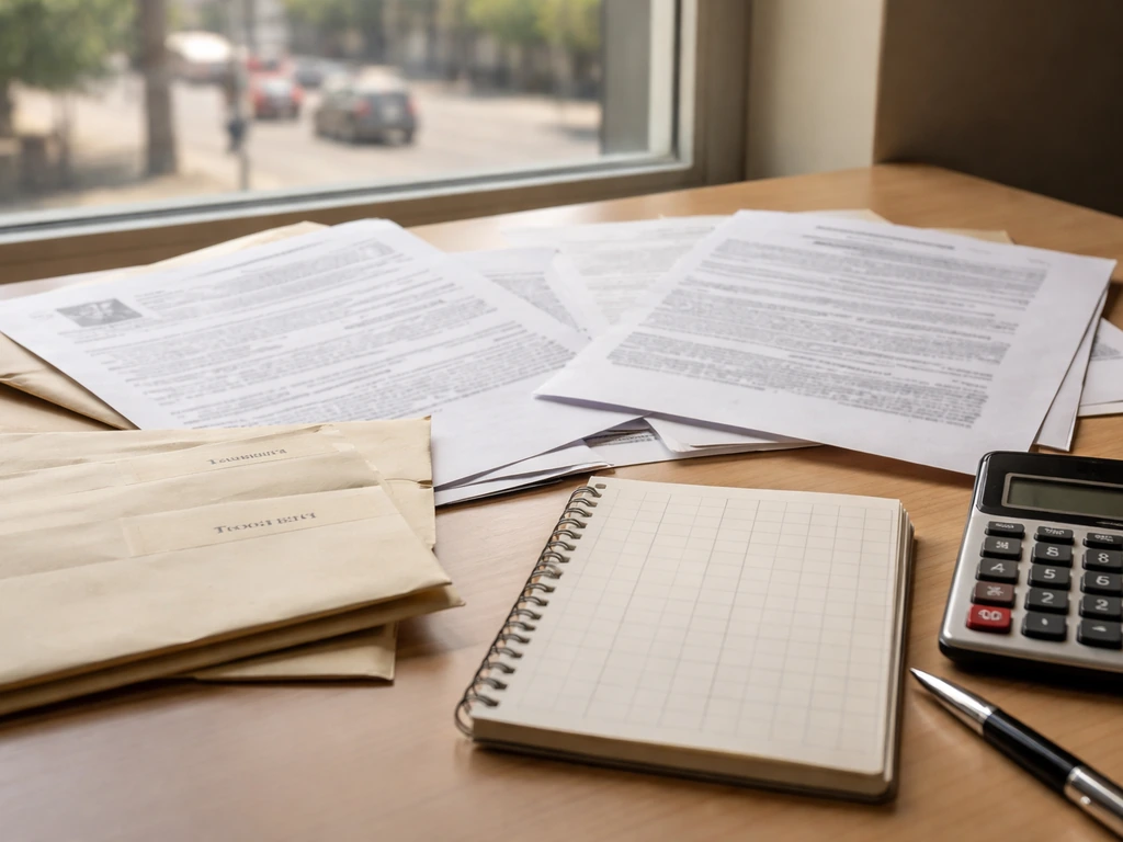 Close-up of financial paperwork and a small spreadsheet board on a desk with a calculator and pen