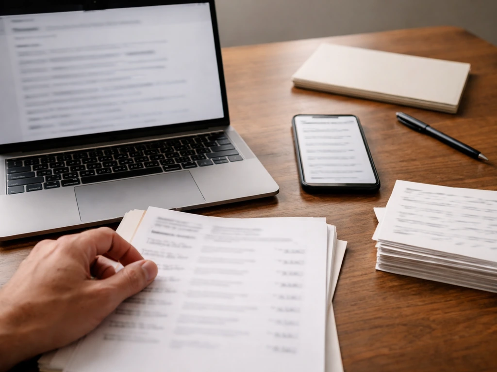Desk verification setup with blurred search queries on laptop/phone and printed documents with unreadable notes.