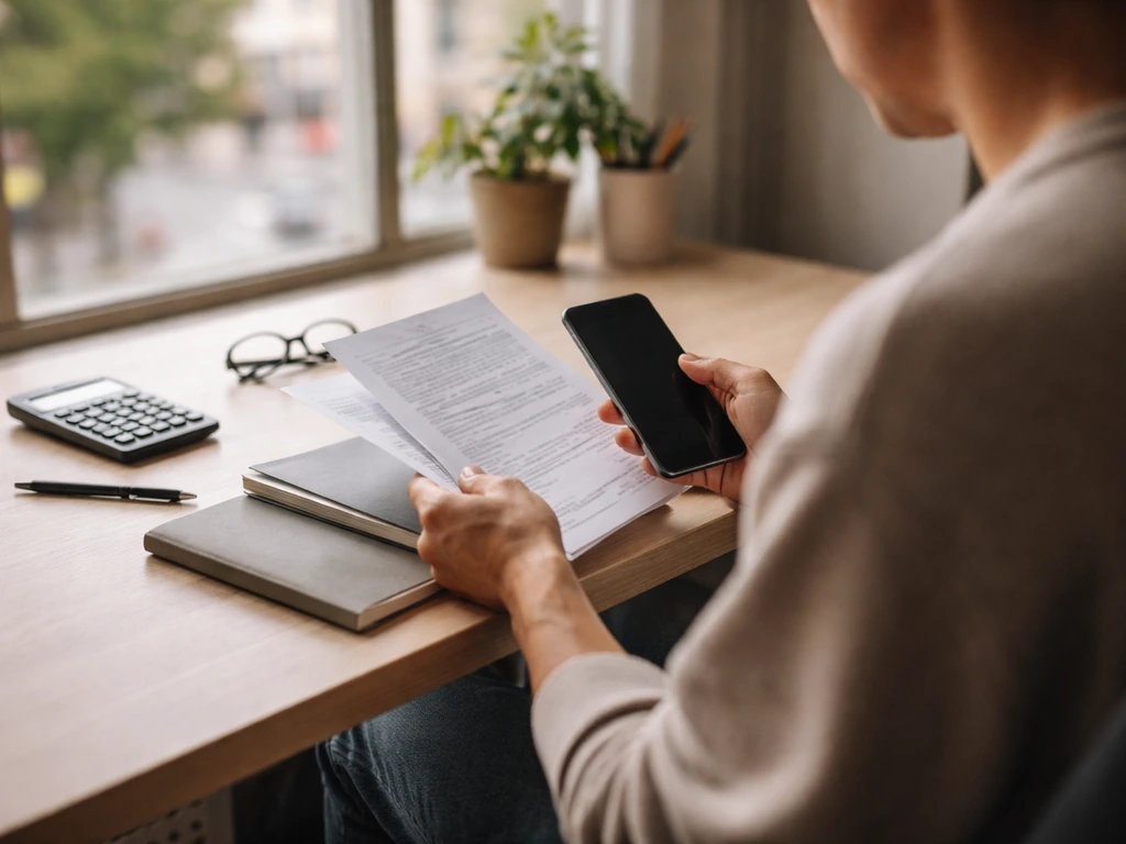 An anonymous researcher at a desk reviewing paperwork and a smartphone beside a calculator