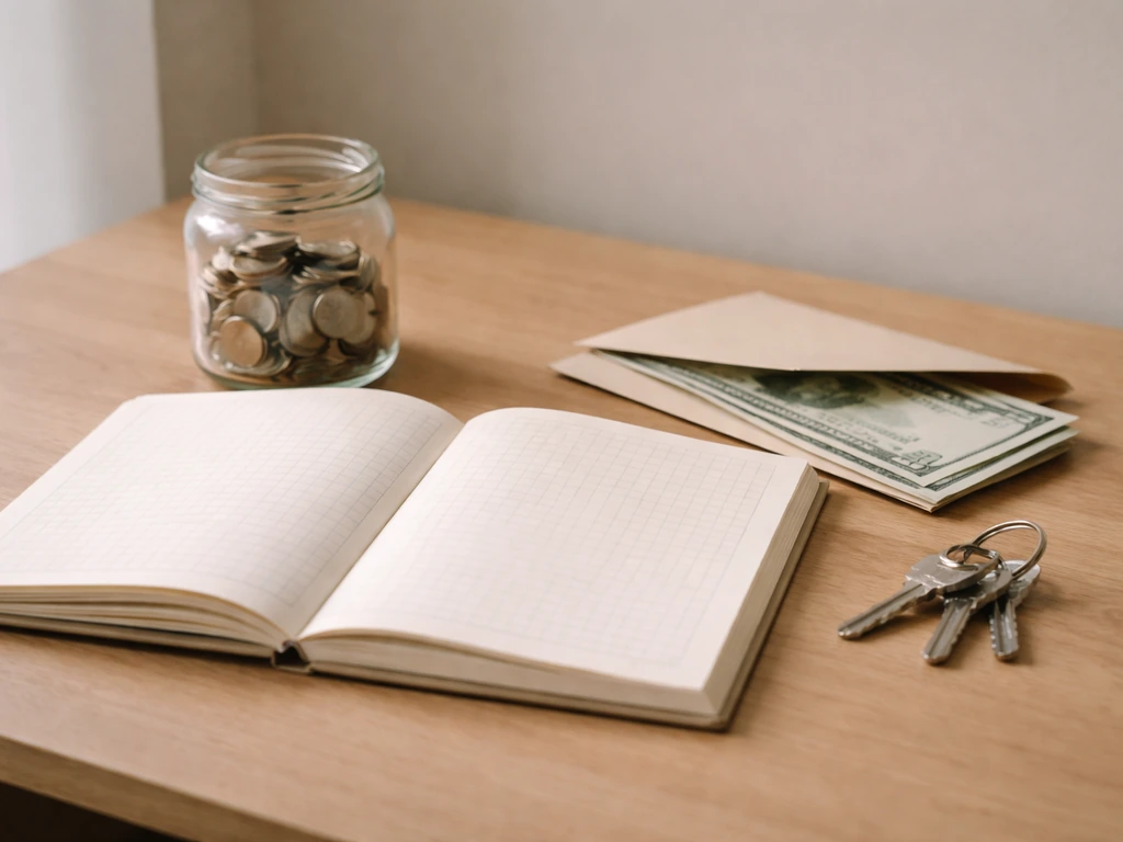 Minimal desk scene with an asset ledger, coins, and scattered bills illustrating assets minus liabilities concept
