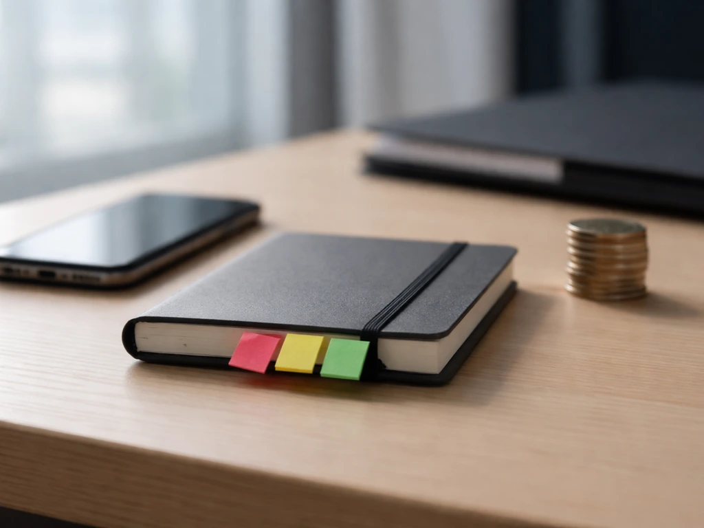 Minimal desk scene with coins and colored sticky-note tabs suggesting low to high confidence.