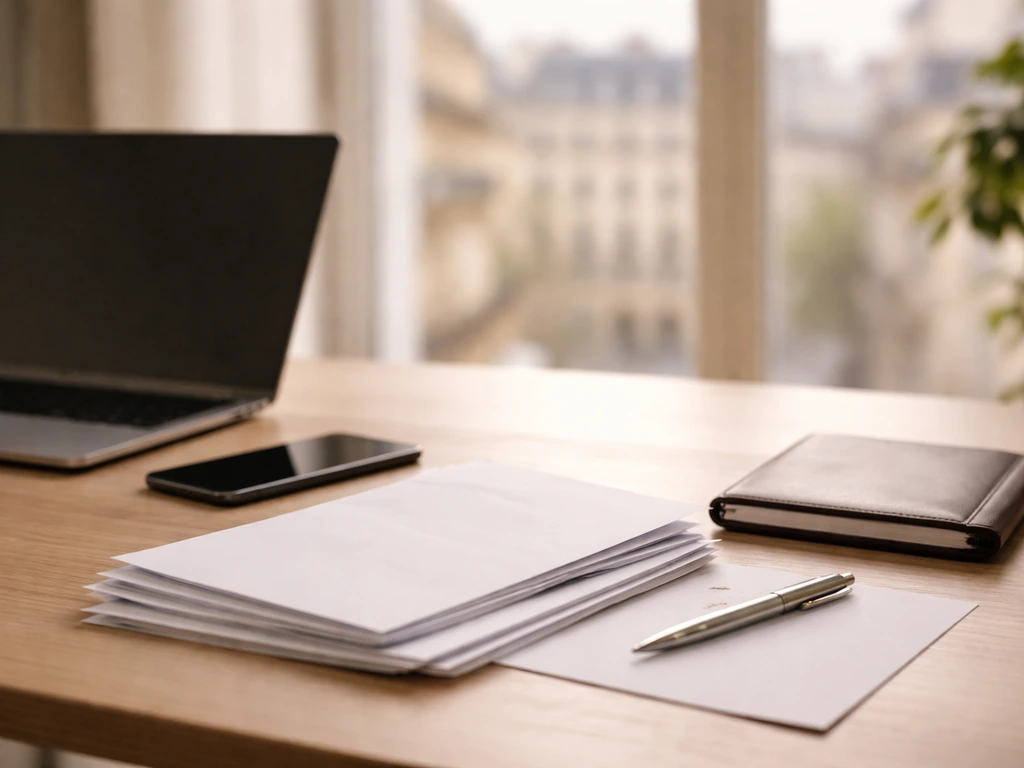 Minimal business desk with documents and phone, symbolizing financial research for net worth verification.