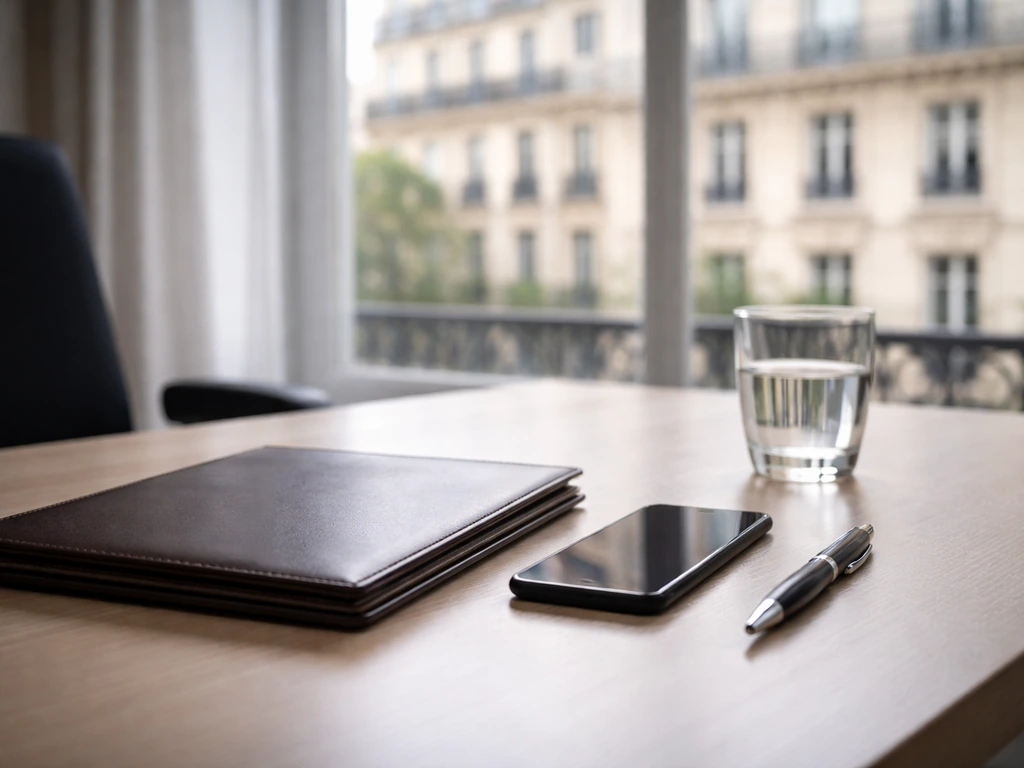 Minimal office desk scene with portfolio and pen, blurred Paris-style view through a window.
