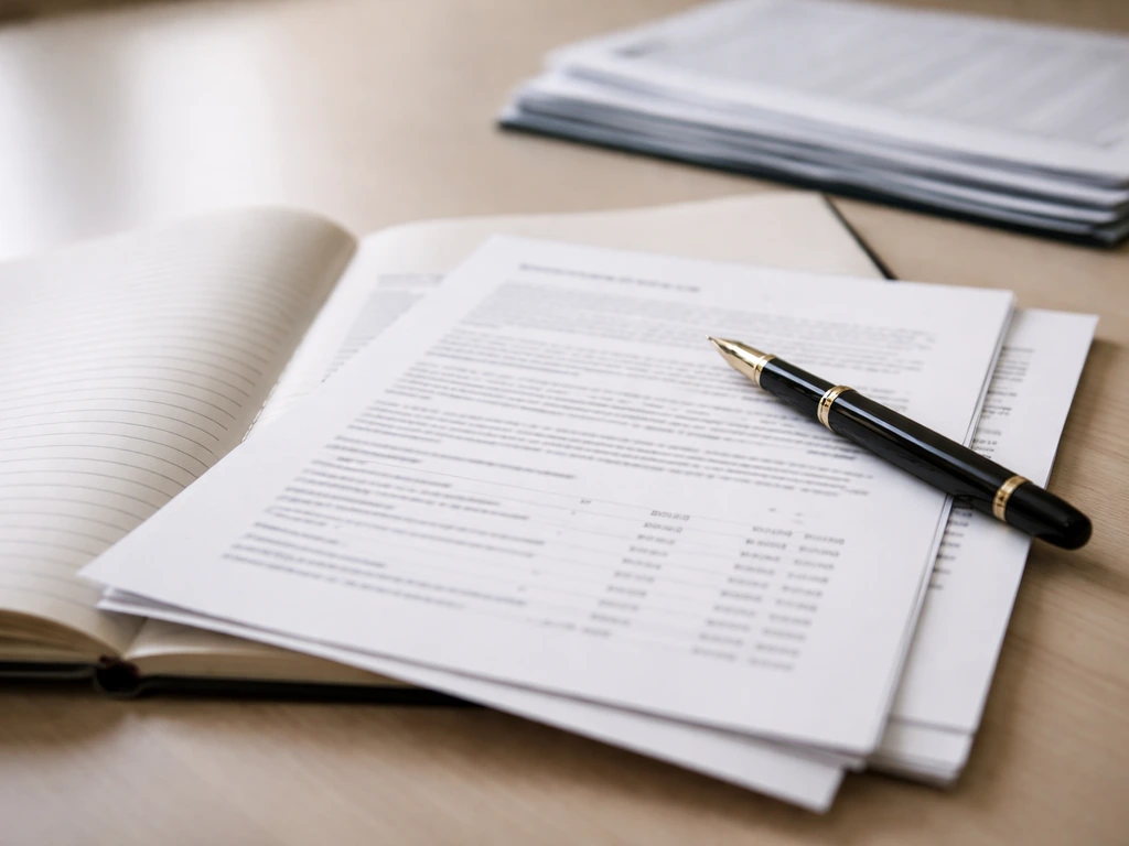 Close-up desk scene with open notebook, contract papers, and pen suggesting royalty earnings evidence.