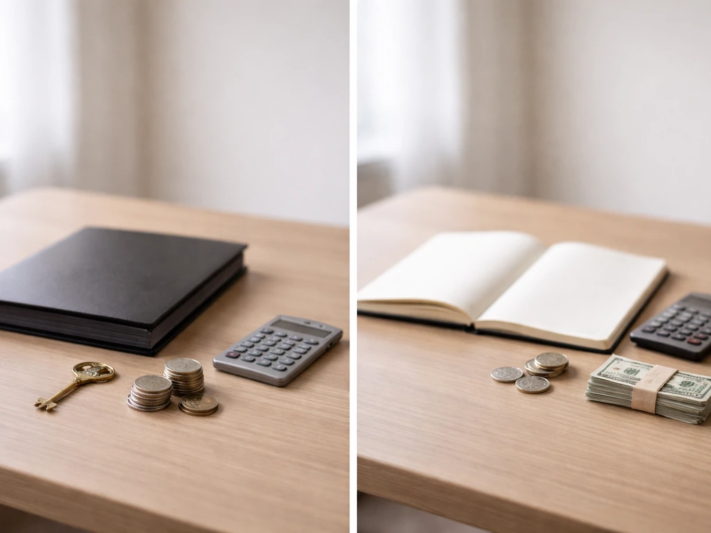 Minimal desk scene showing “before” heavier assets on the left and “after” reduced items on the right.