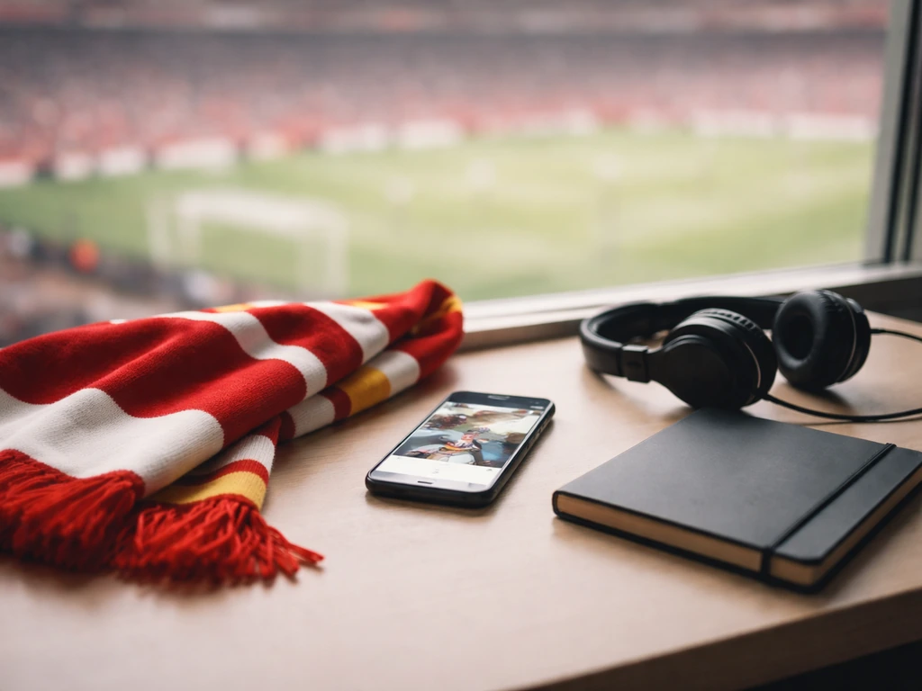 Football media desk with unbranded scarf and blurred sports screen, suggesting a player’s net worth analysis.