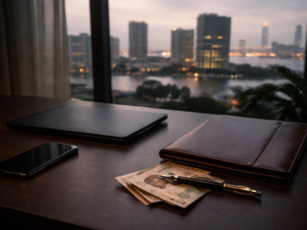 Minimal Nigerian office desk scene with naira cash and Lagos skyline backdrop, symbolizing business wealth analysis.