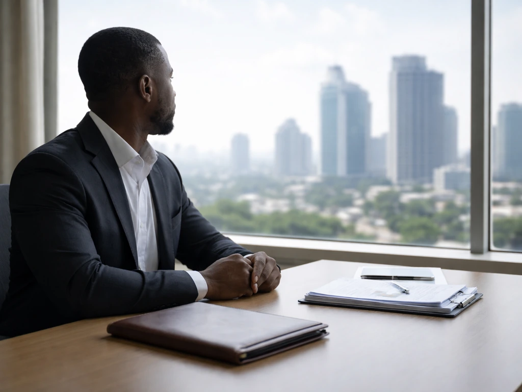 Nigerian businessman at a clean office desk with business documents and a city skyline through the window