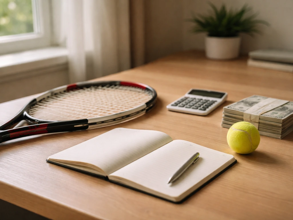 Tennis racquet resting beside a calculator and cash in a quiet study setting