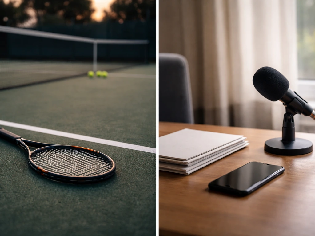 Split image: empty tennis court corner vs quiet office desk with mic and smartphone, to prevent identity mix-ups.