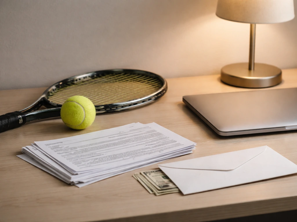 Tennis memorabilia and finance documents on a desk, symbolizing verifiable career data points.