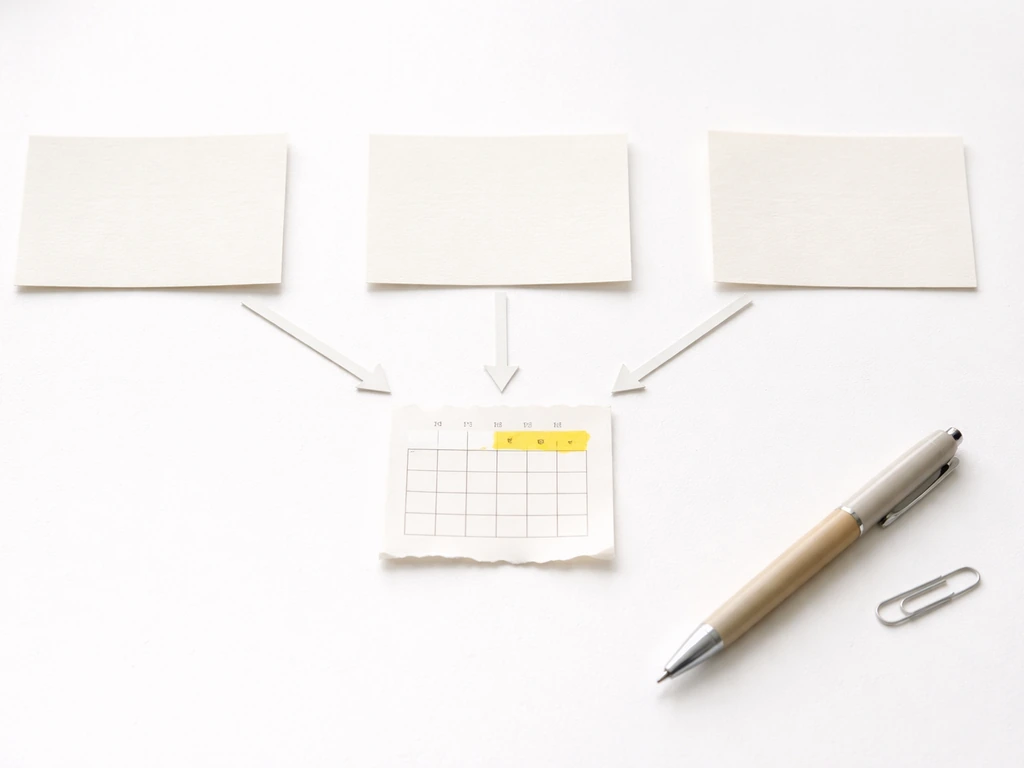 Minimal desk scene with three small paper cards feeding into a highlighted date range concept