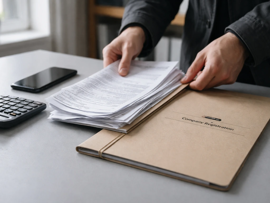 Hands arranging anonymous company documents and tools on a desk, signaling research into public records and wealth estim