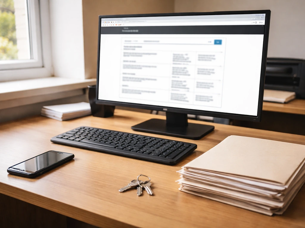 Minimal desk scene with laptop and smartphone suggesting a UK Companies House director search, no readable text.