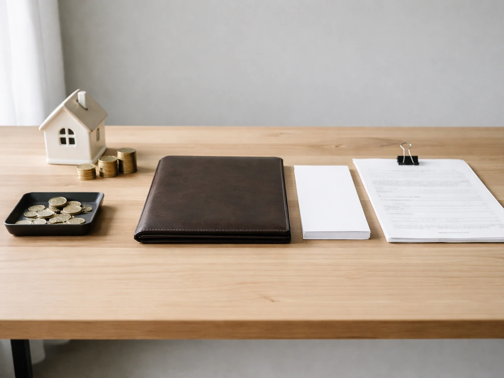 Minimal desk scene with coins and a house bank on one side and blank bill paperwork on the other.