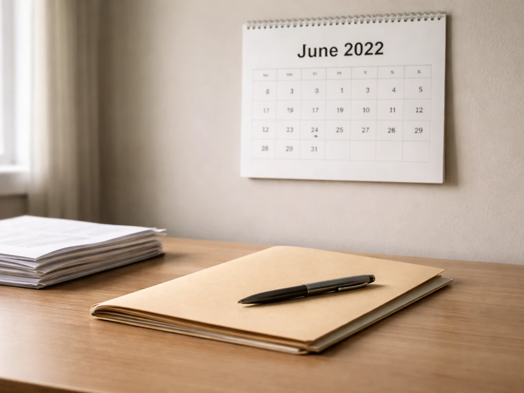 Minimal office scene with a calendar page marked June 2022 and a document folder beside a pen