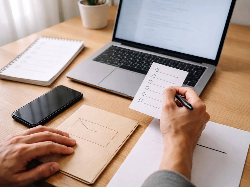 Hands using a laptop and blank checklist on a desk, symbolizing verifying a claim and missing data.