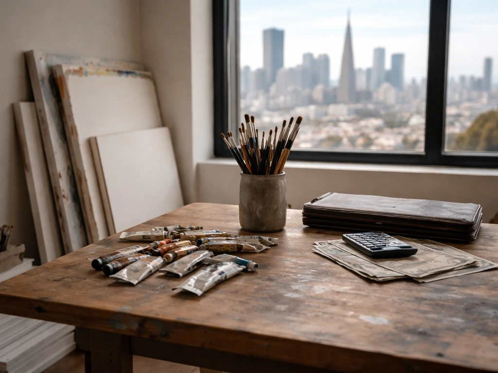 Minimal studio scene with art materials and a subtle wealth symbolism in the background