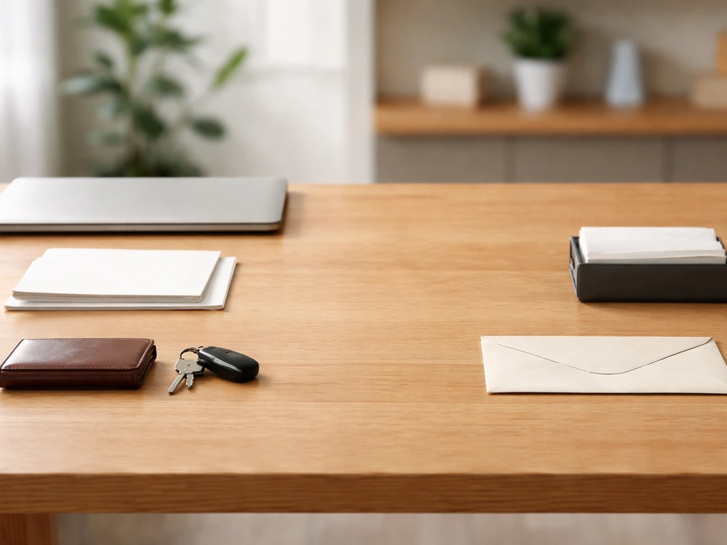 Minimal desk photo with assets on one side and liabilities on the other to suggest net worth as subtraction.