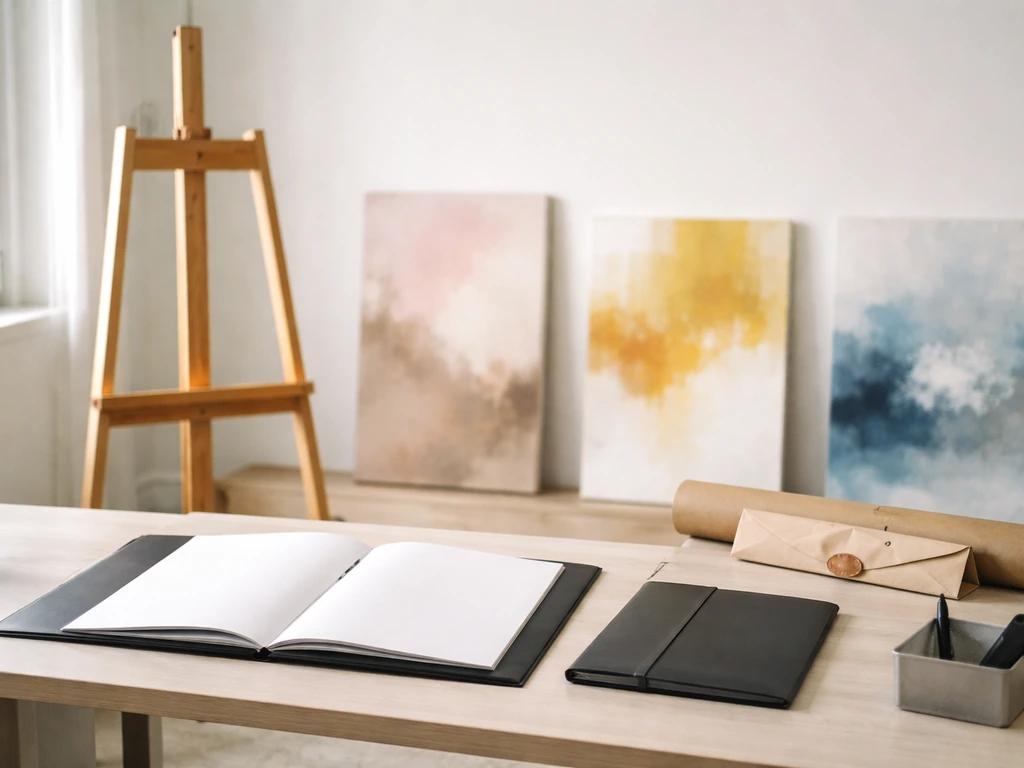 Minimal studio scene with fine-art canvases and a businesslike workspace suggesting sales and an LLC presence.
