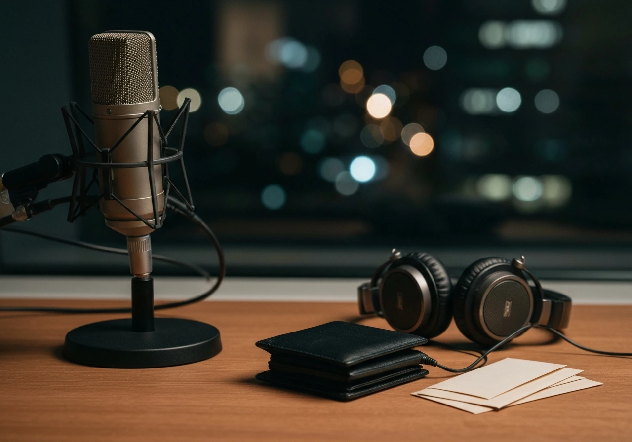 Unbranded studio microphone and headphones beside a leather wallet, with blurred city lights in the background.
