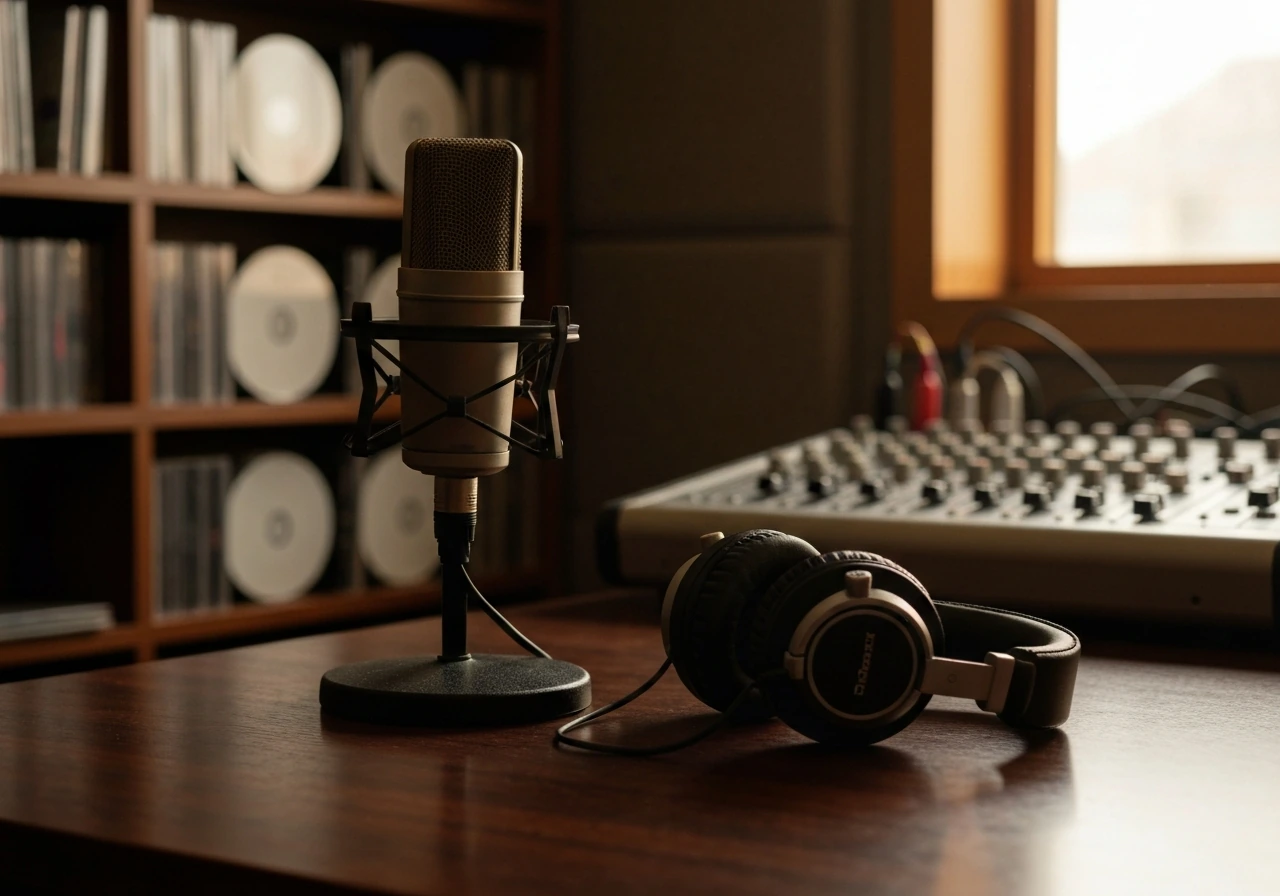 Unbranded microphone and headphones in a quiet studio, symbolizing music fame and wealth interest