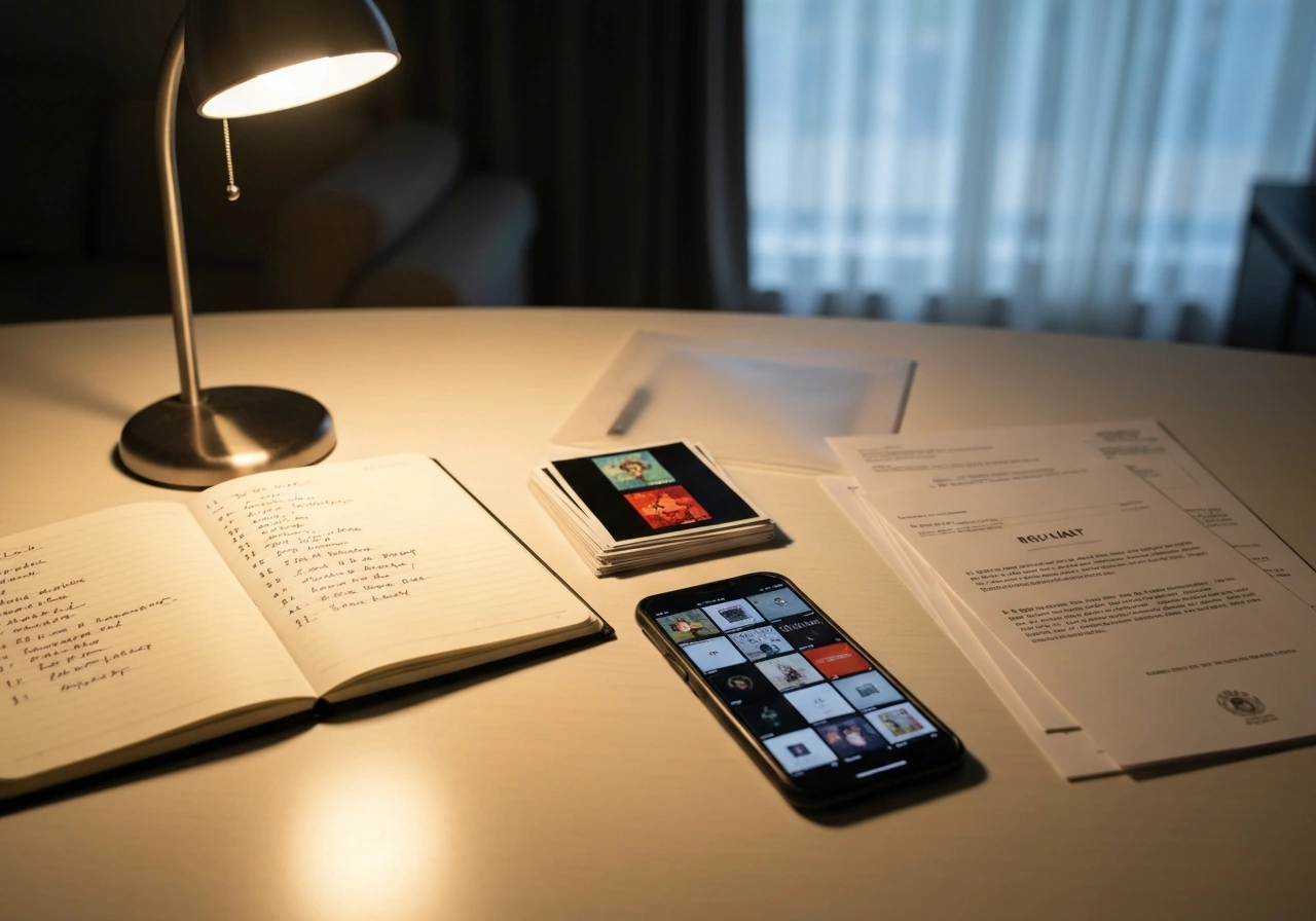 Minimal tabletop with blank music-catalog style documents, vinyl sleeves, and a phone showing album thumbnails.