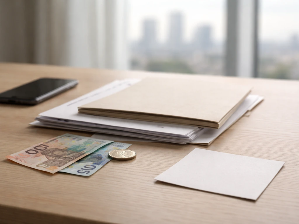 Minimal desk scene with scattered documents and a smartphone beside cash, suggesting an evidence-based financial estimat