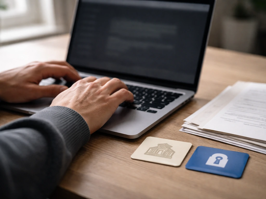 Close-up of hands researching Croatian financial registry sources on a laptop with government-portal vibe.