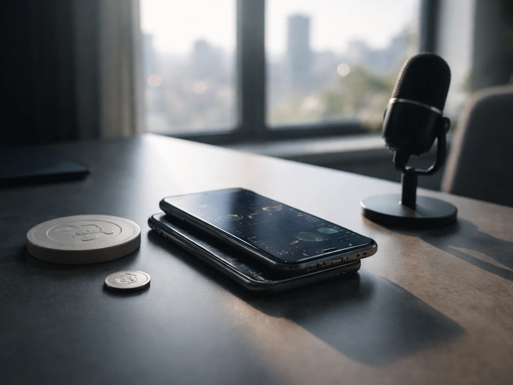 Sleek desk with phones, microphone, and abstract coin-like tokens symbolizing crypto net-worth analysis.