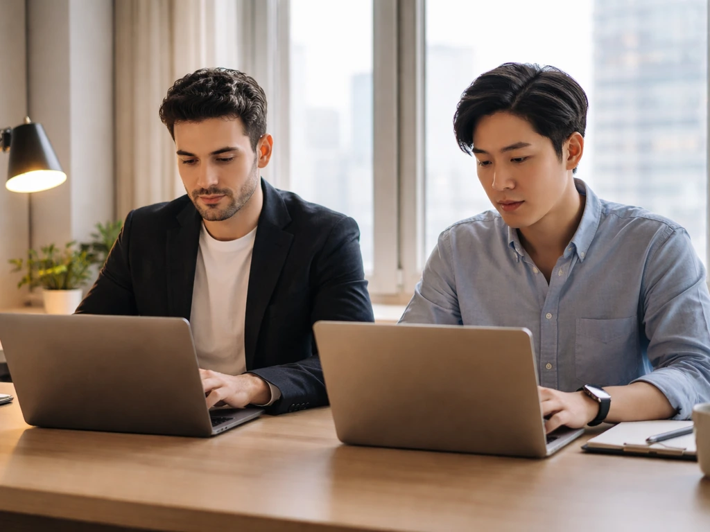 Two anonymous co-founders in a modern office, seated side-by-side with laptops under natural window light.