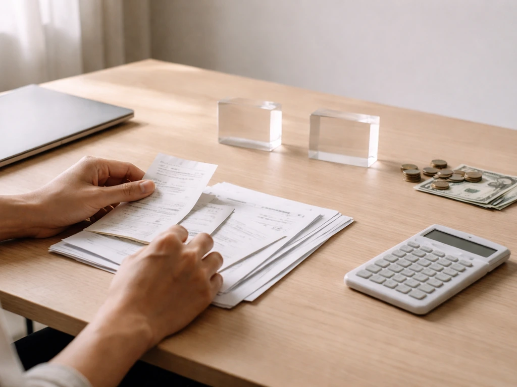 Minimal office desk scene showing money and documents beside a laptop for building net worth estimates.