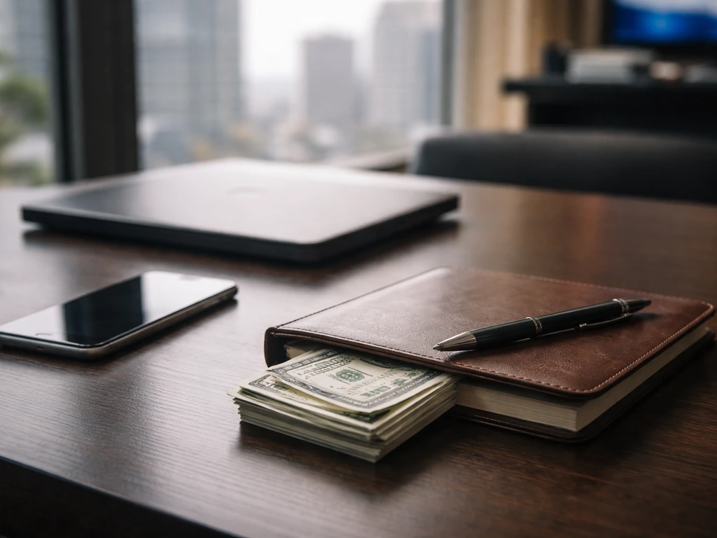 Minimal business desk scene with symbolic wealth cues for a net-worth estimate section