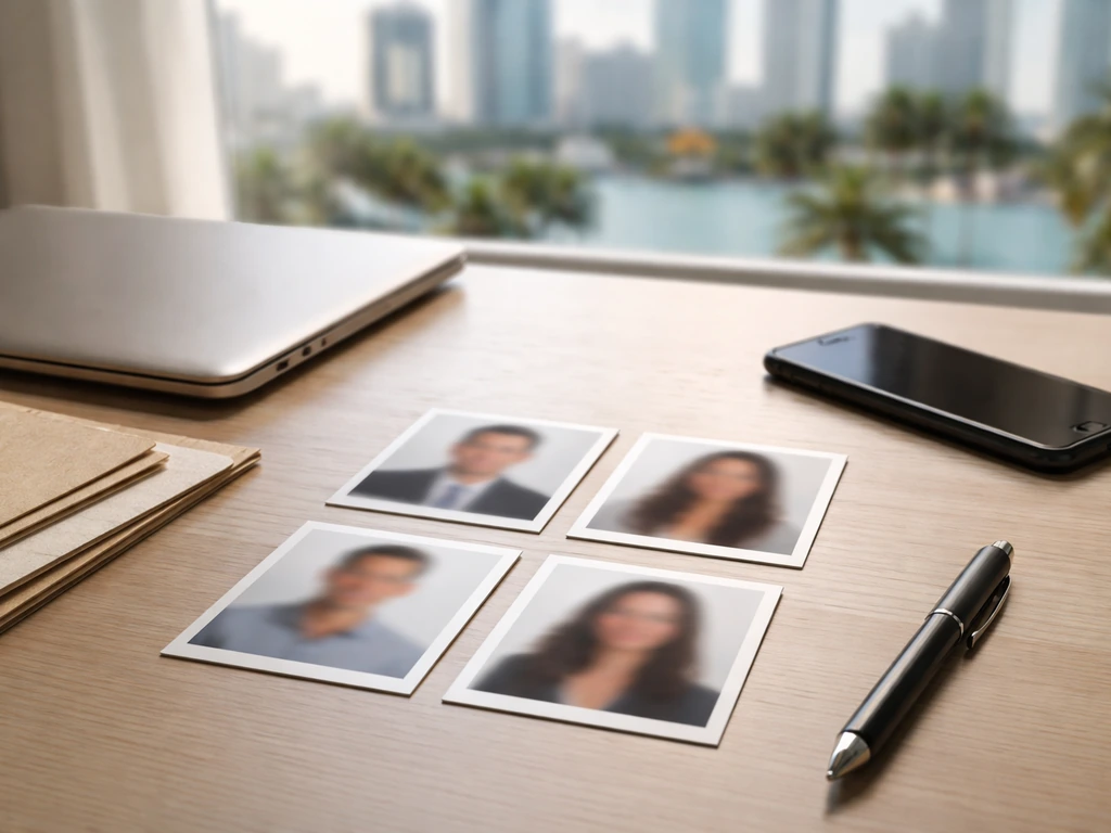 Minimal collage showing several blurred business profile silhouettes to suggest identity confusion