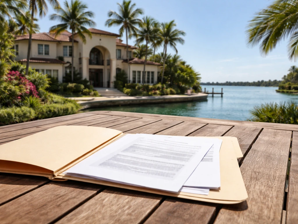 Luxury Key Biscayne-style waterfront home exterior with a subtle property-record lookup visual placeholder