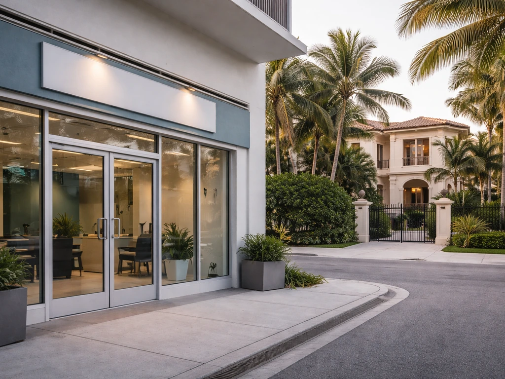 Quiet Miami insurance office storefront and a nearby luxury home-style residence cue in bright daylight.