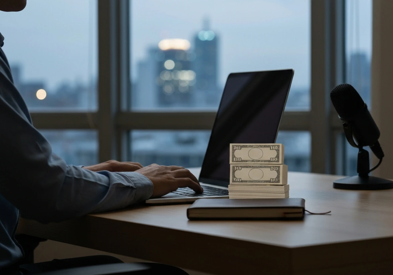 Anonymous office desk scene with laptop, microphone, and money-like props for net worth confirmation context