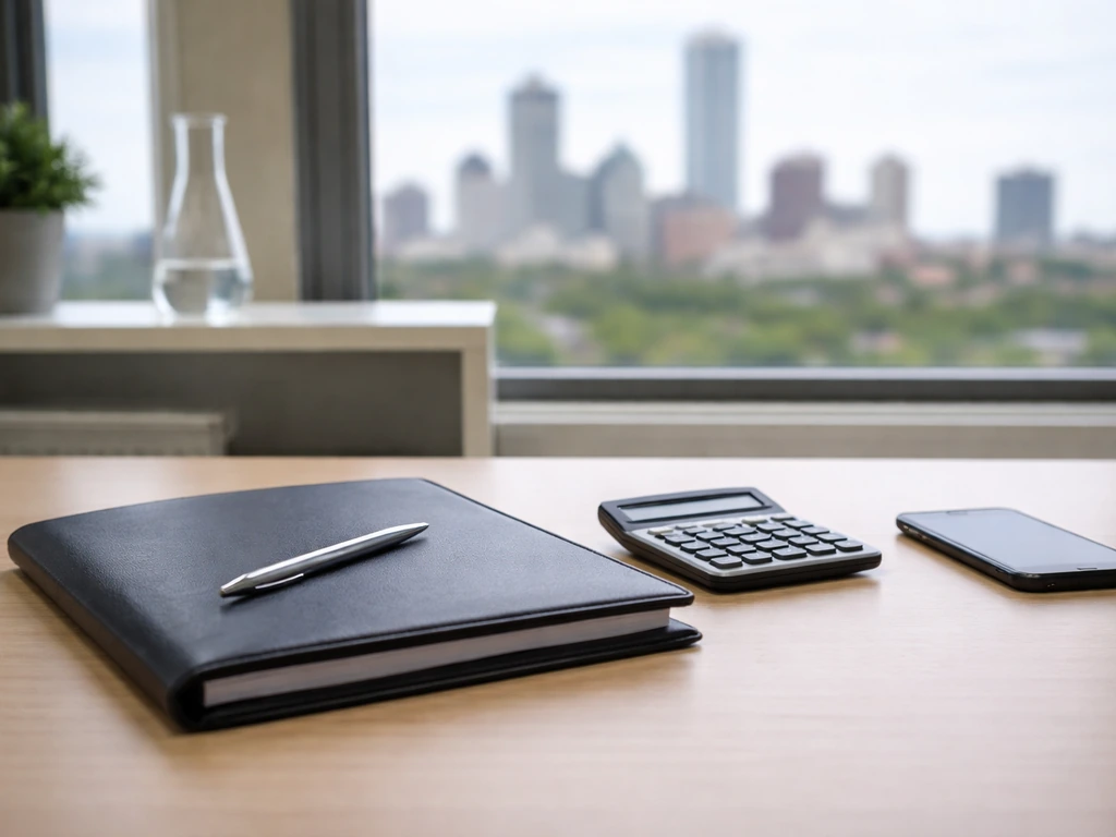 Minimal photo of a biotech investor desk with documents and a calculator beside a Boston skyline view