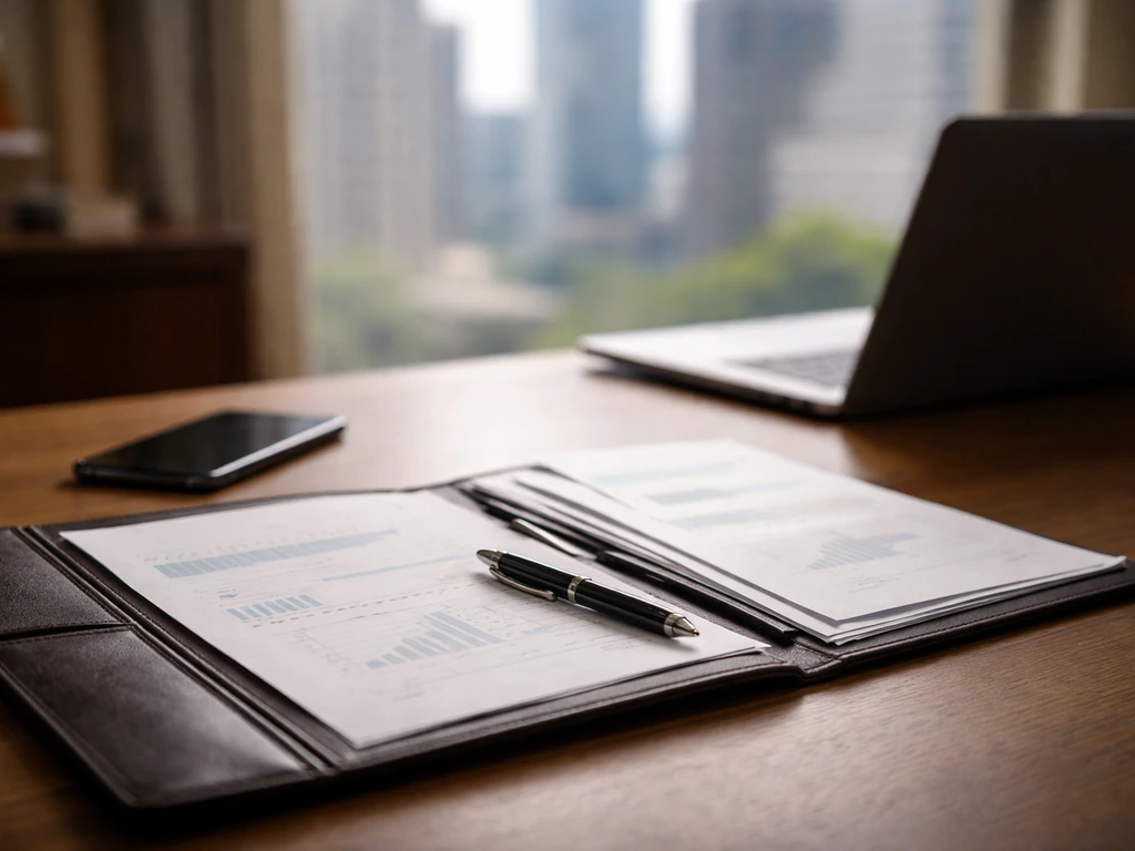 Minimal desk scene with investment documents and city view, symbolizing wealth sources without showing any person.