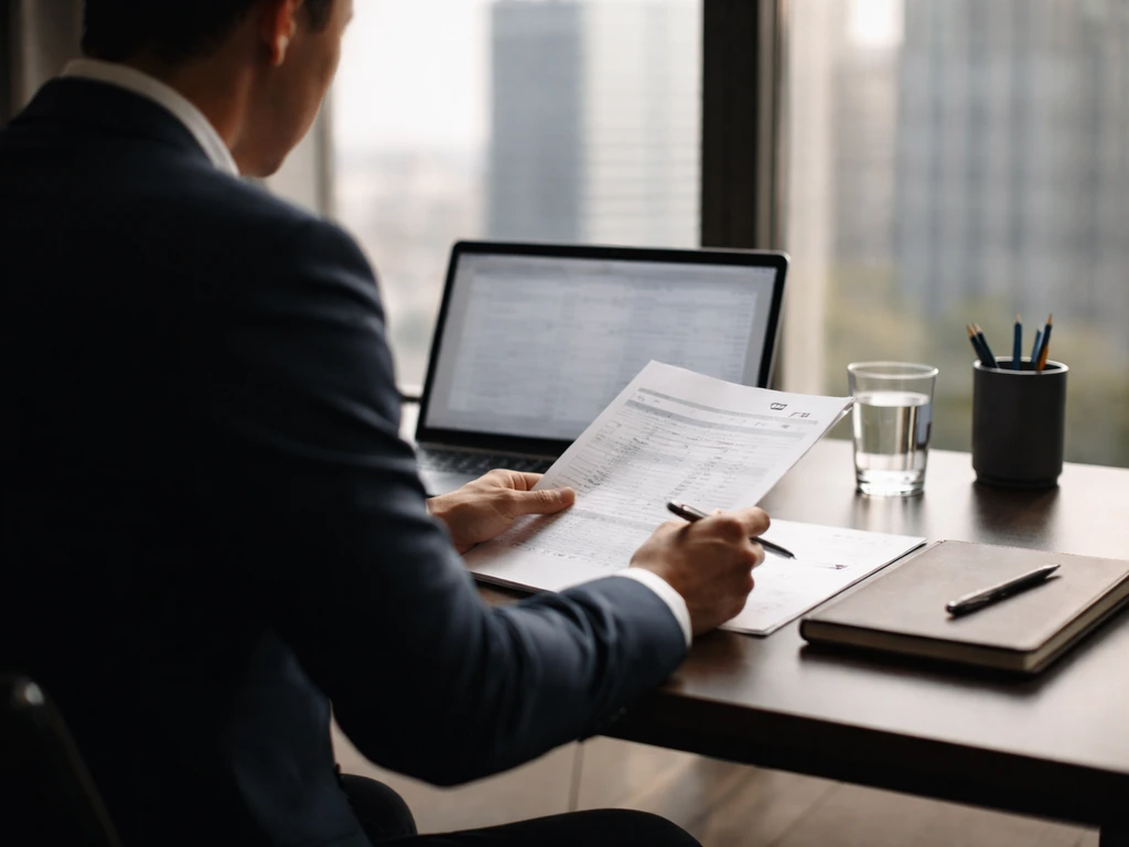 Anonymous executive reviewing finance documents at a modern desk with blurred laptop in a quiet office.