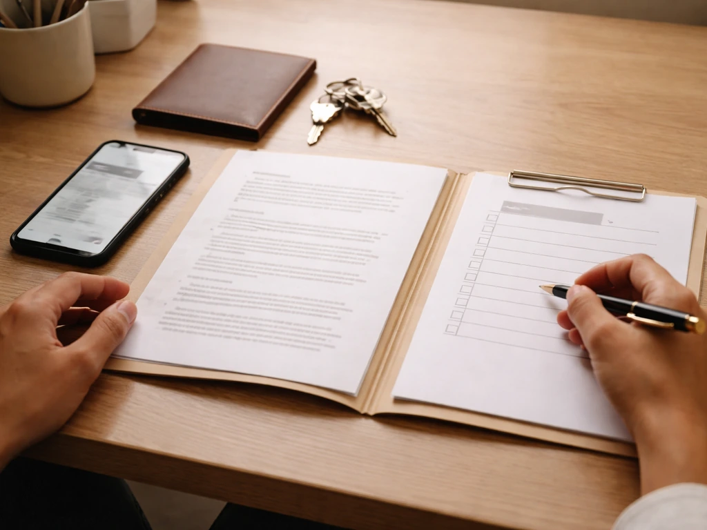 Hands reviewing indistinct documents and a blurred phone card to confirm identity before financial checks.