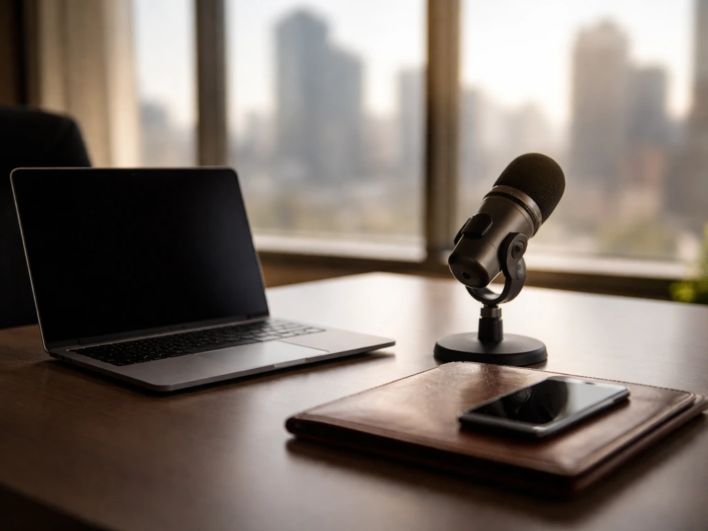 Minimal office desk scene with laptop, studio microphone, and blurred city skyline suggesting business analysis
