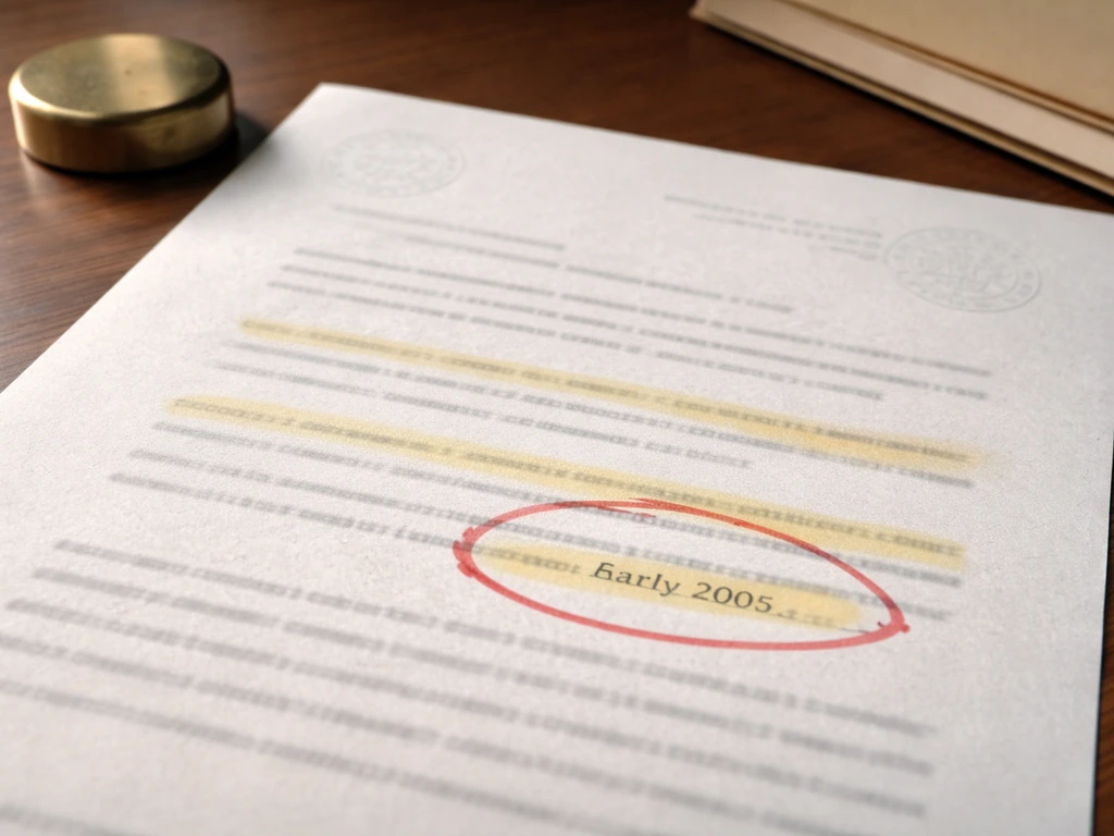 Closeup of a legal opinion document with stamps and highlighted timeline strokes on a desk.