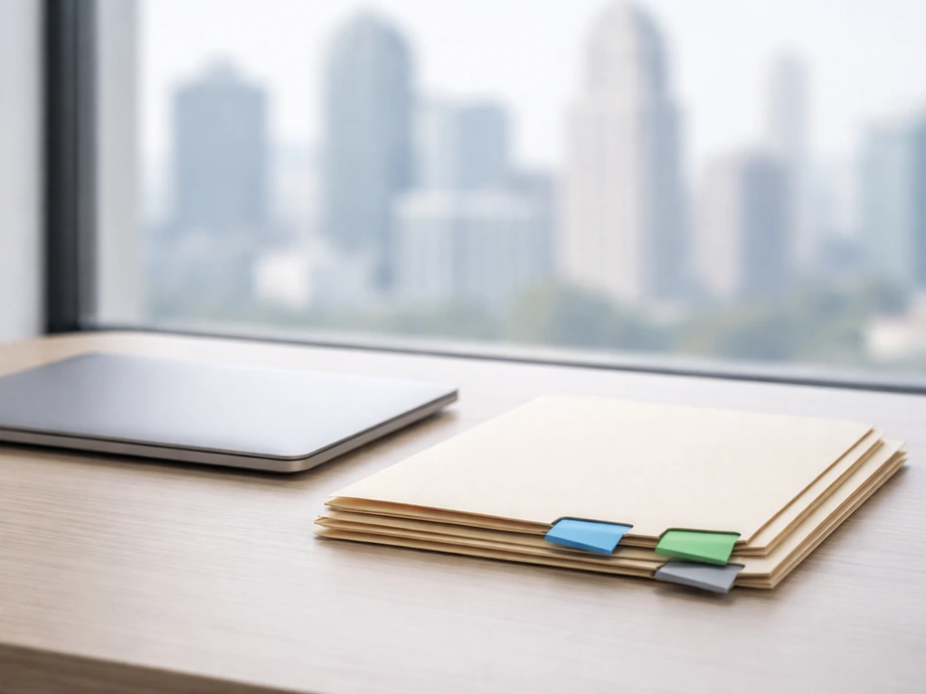 Minimal desk scene with laptop and stacked folders symbolizing verification sources for an estimate.