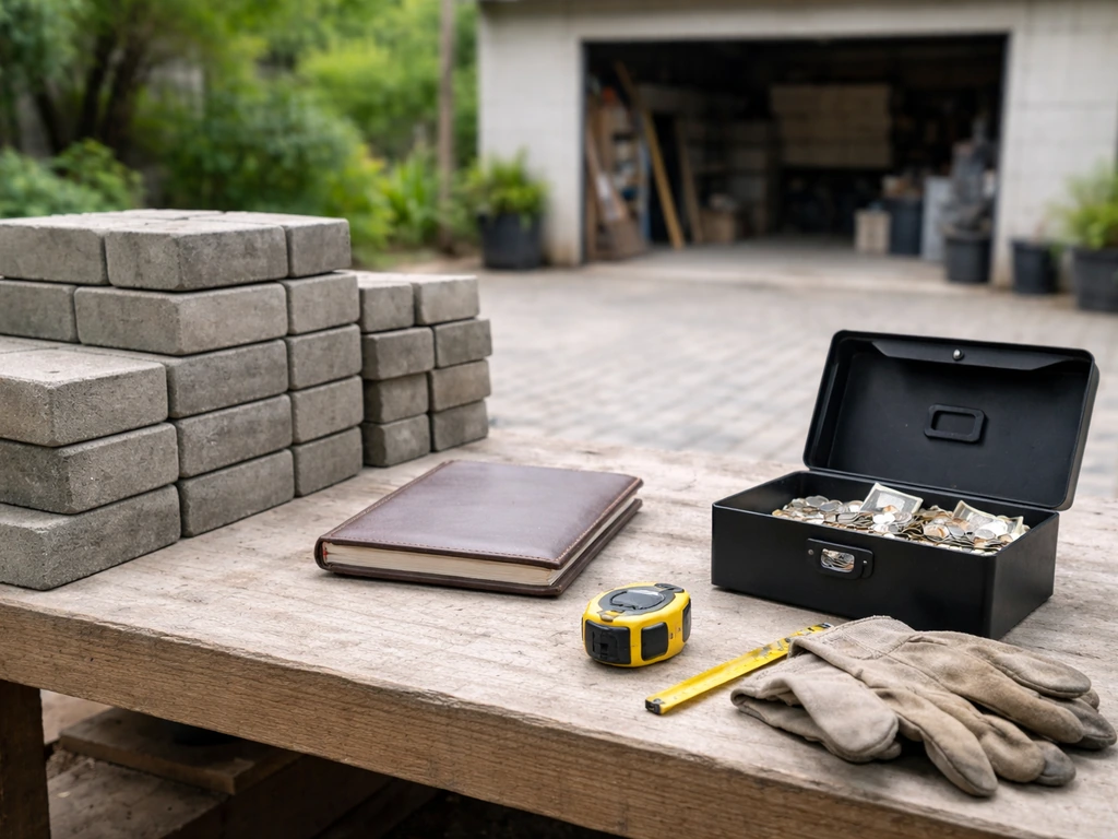 Paving stones and a small lockbox on a workbench, evoking business wealth and verification.