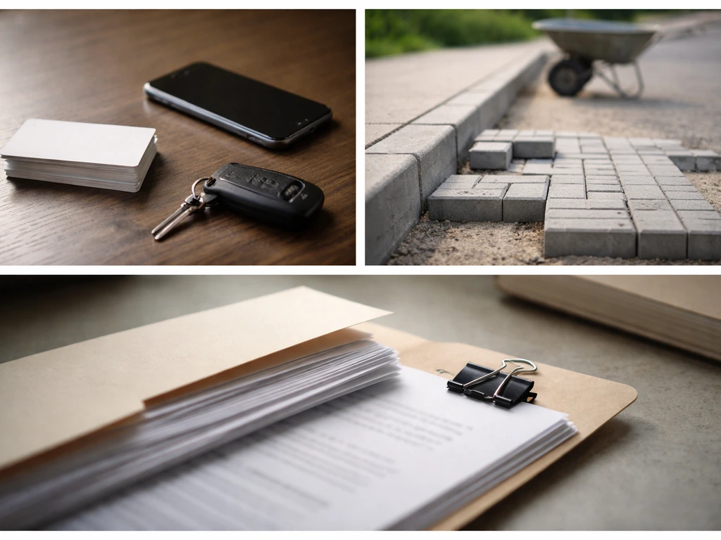 Collage of anonymous business desk, paving stones worksite, and blurred public-record papers to suggest identity matchin