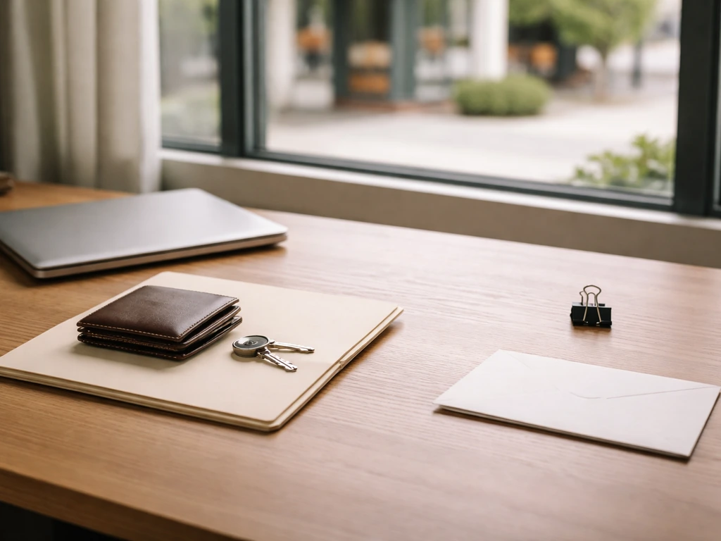Minimal desk scene with a closed laptop and wallet, symbolizing assets minus liabilities for a private business owner.