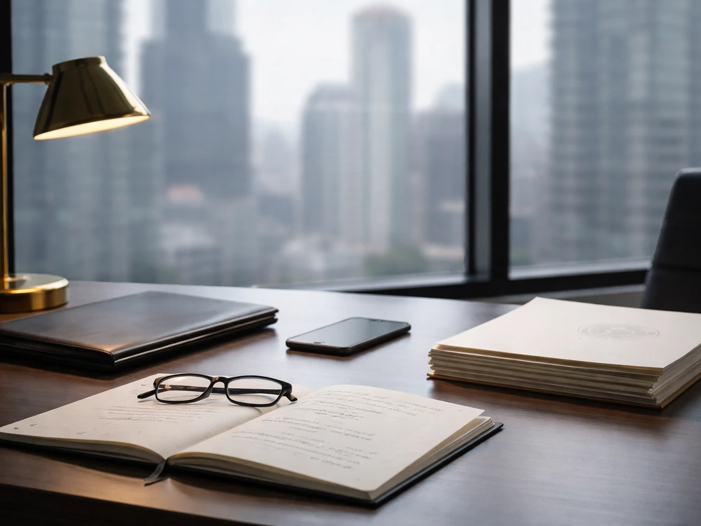 Minimal office desk with documents and sealed paperwork, suggesting verified net worth calculation.